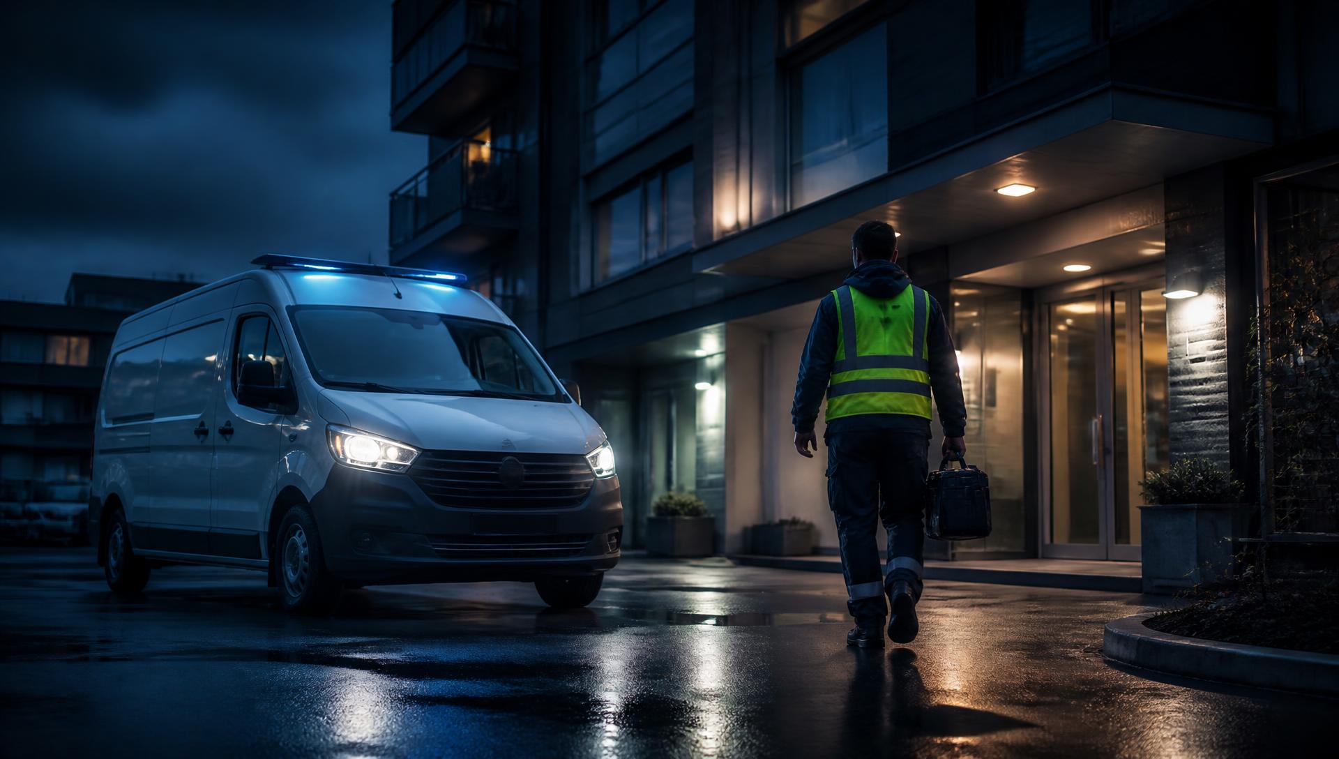 Jourbil och tekniker från Totaljouren på plats utanför en fastighet